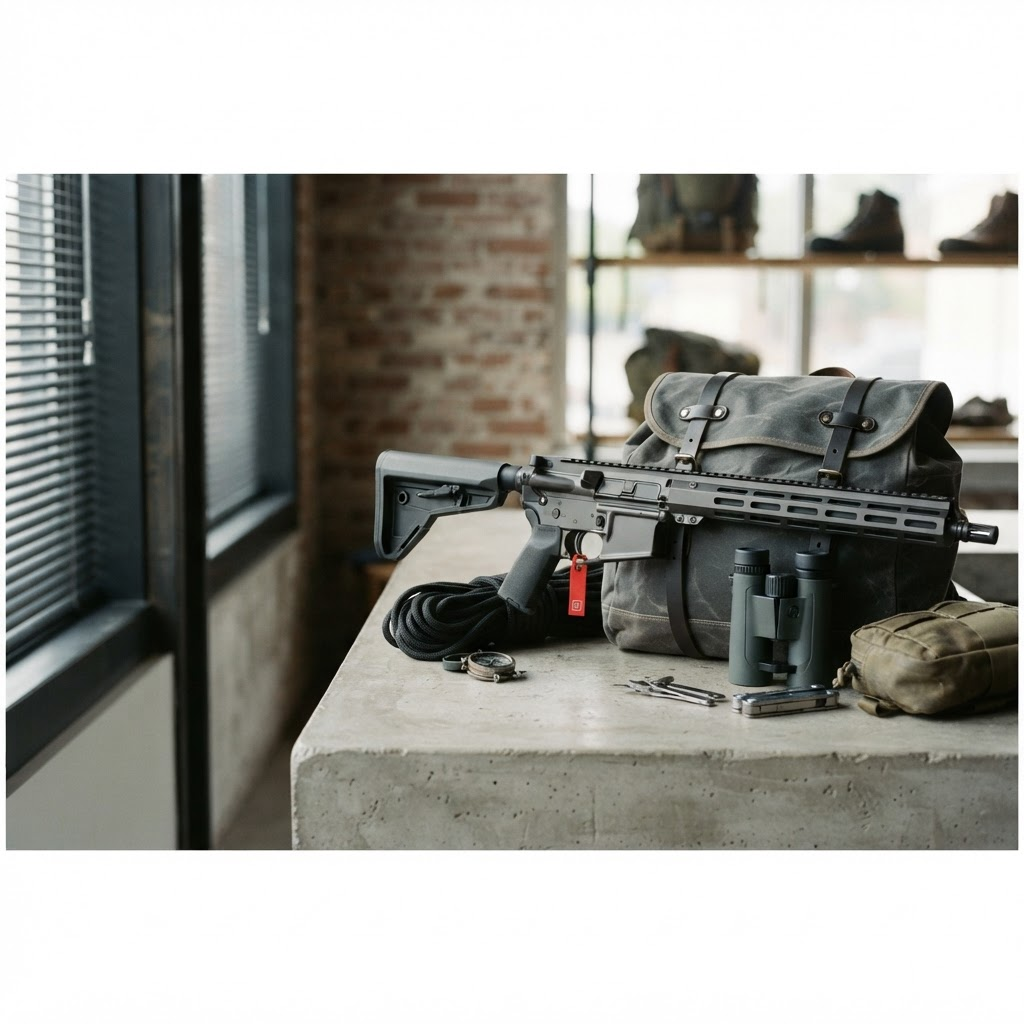 Premium sporting rifle and outdoor field gear arranged on a gunmetal workbench